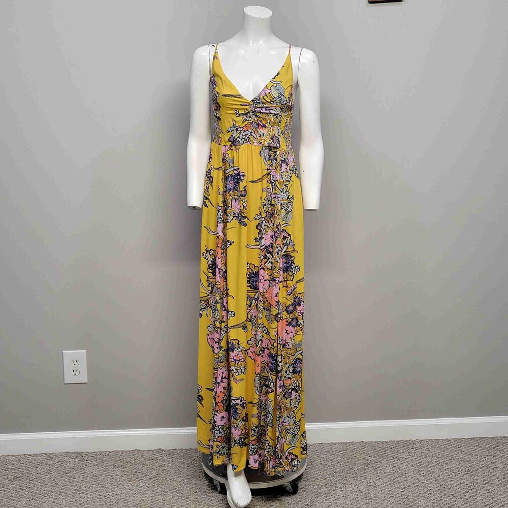 Free People Dress Size L Maxi Yellow Floral Halter Boho Hippie Travel Romantic